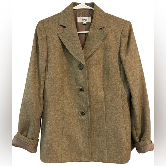 Le Suit Women's Size 6 Tan Tweed Polyester Lined Blazer 3-Button EUC! - Picture 8 of 9
